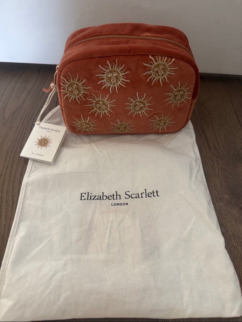 Elizabeth Scarlett Sun Goddess Embroidered Rust Velvet Makeup Bag